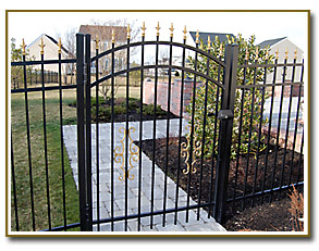 60” high OnGuard Aluminum fencing Long Spur Style with arched Top gate and Gold Triad finials, estate scrolls